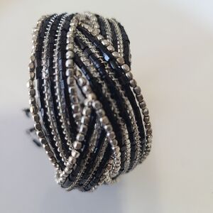 Bracelet Women's Boho Minimalist Beaded Statement Cuff Arm Black Silver Tone